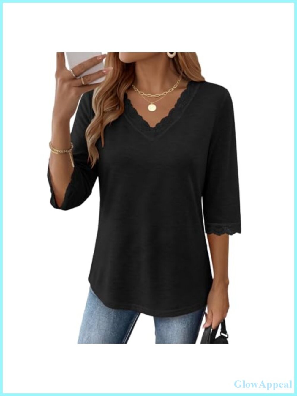 Womens Lace V Neck 3/4 Sleeve Tunic Top Dressy Casual Blouse